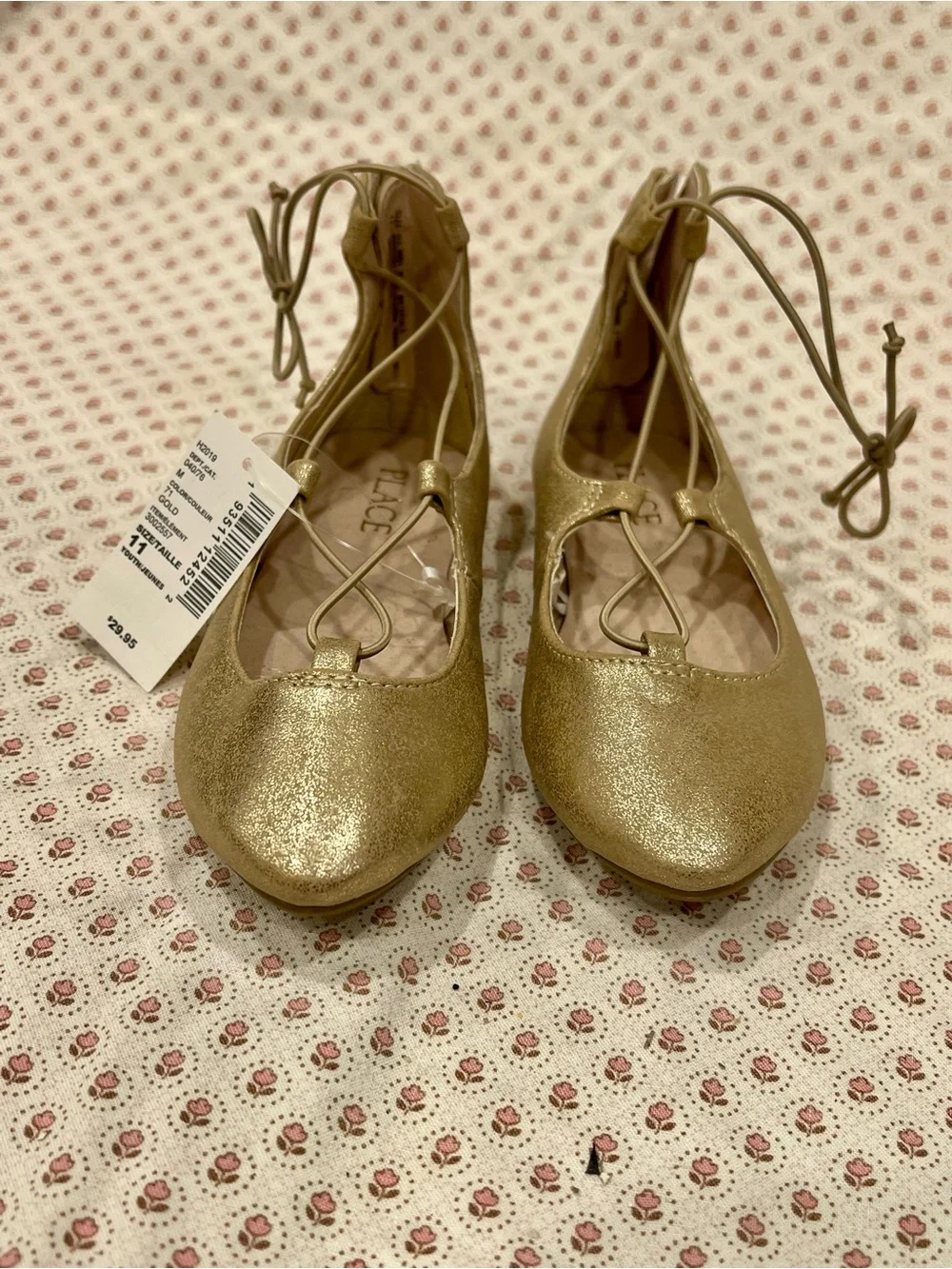 The Children's Place Metallic Gold Ballet Flats with Lace-Up Detail. Size 11